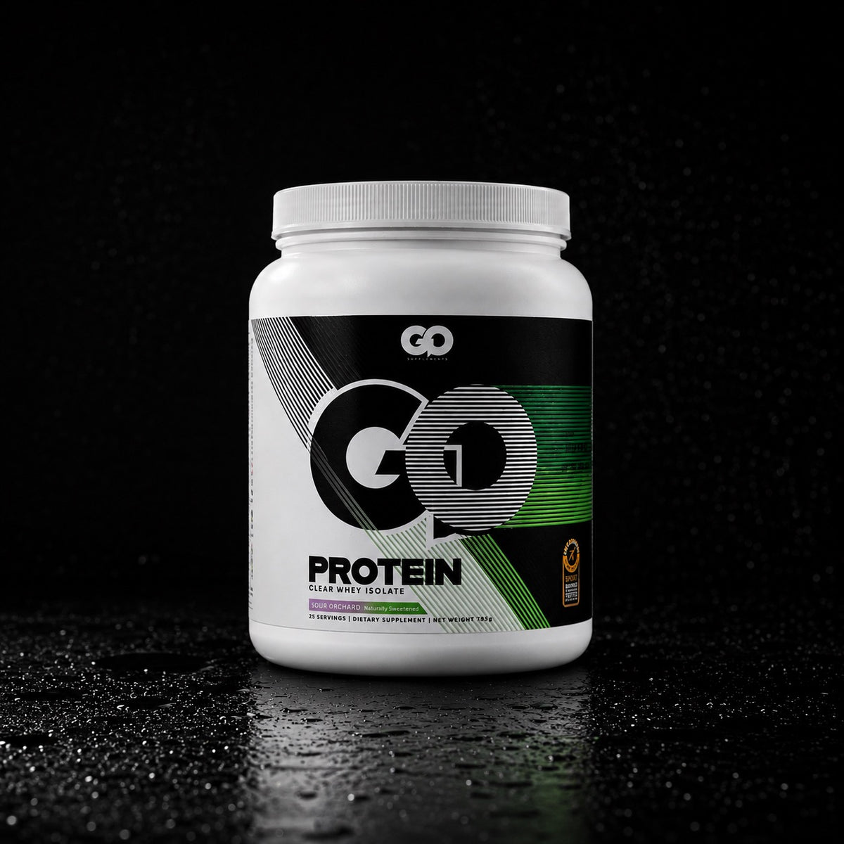 GO Protein Sour Orchard clear whey isolate tub on a black background with water droplets