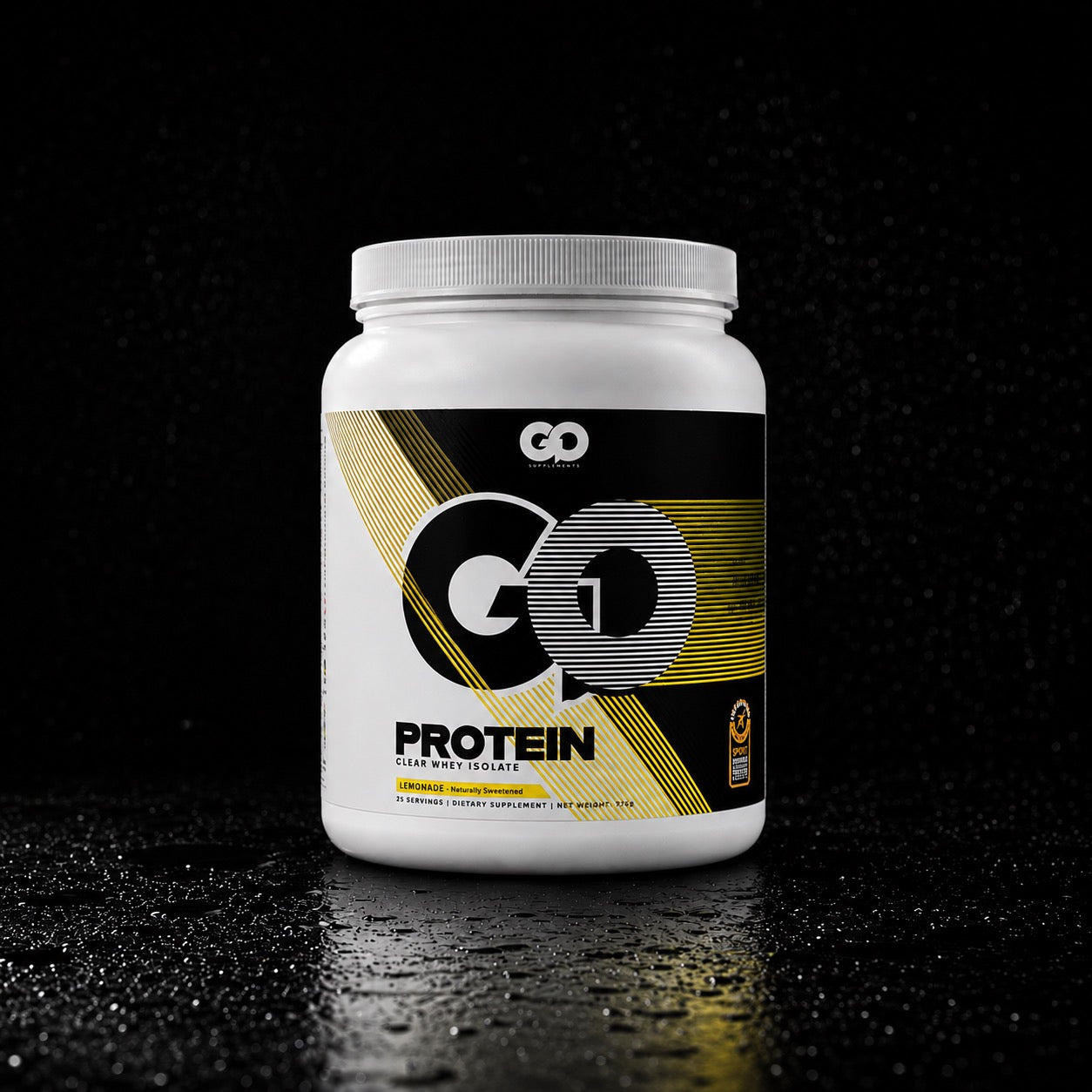 GO Protein Lemonade clear whey isolate tub on a black background with water droplets