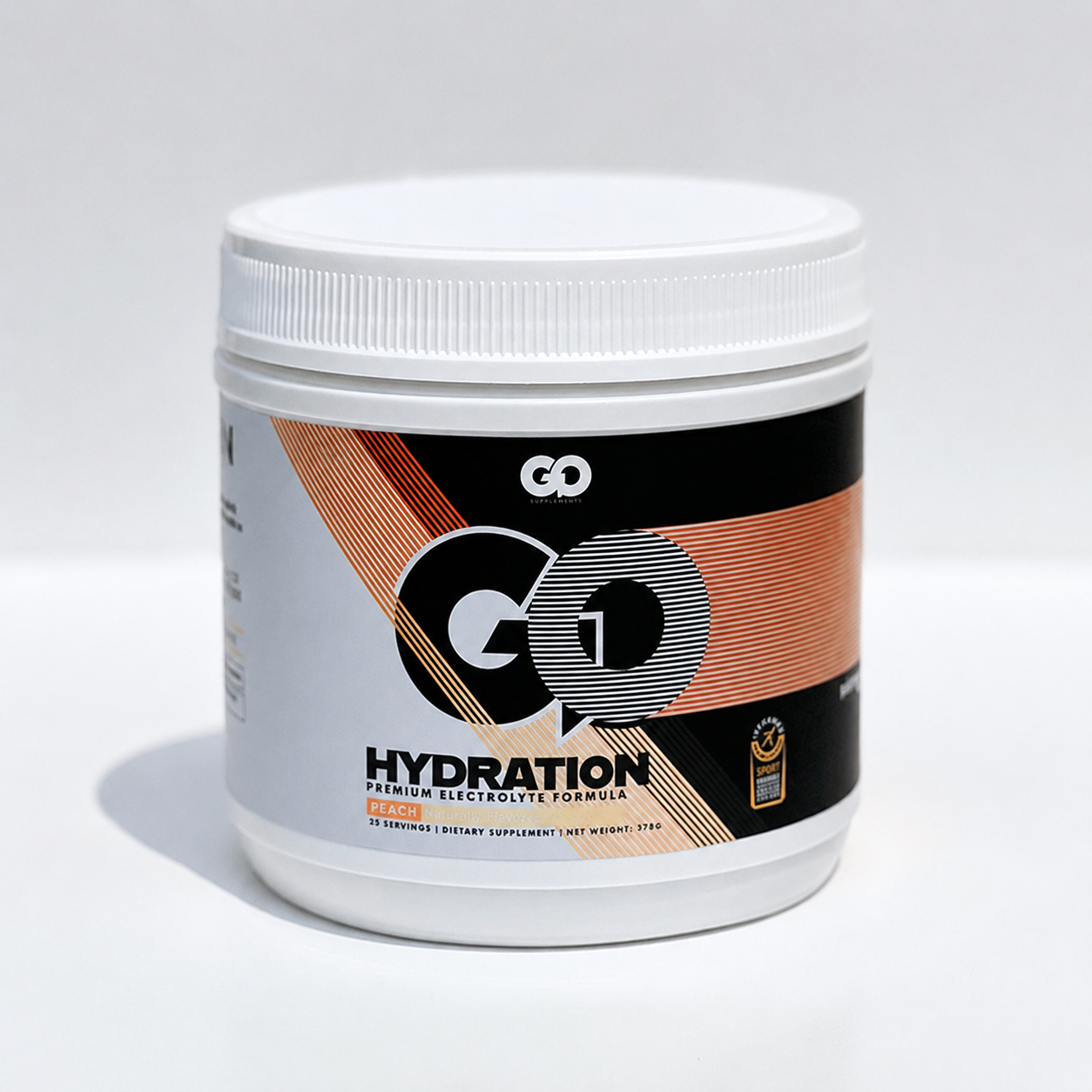 White tub of GO Hydration Peach electrolyte powder with pink Himalayan salt, 25 servings, on a plain white background
