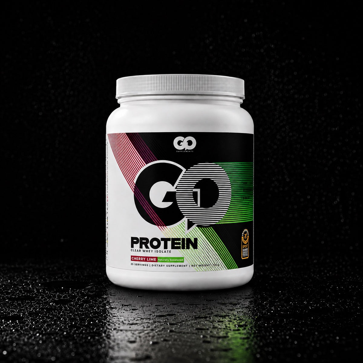 GO Protein Cherry Lime clear whey isolate tub on a black background with water droplets
