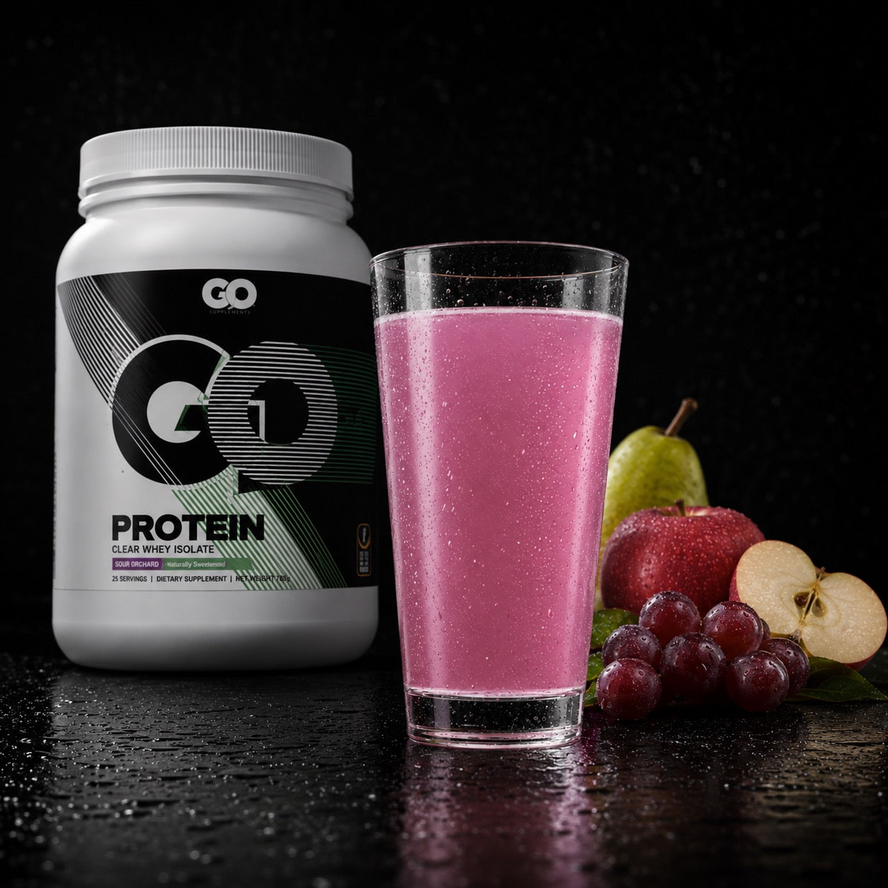 GO Protein tub beside a glass of pink protein smoothie with fresh apples and grapes